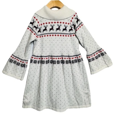 Janie and Jack Dress Girls 5 Reindeer Fair Isles Cream Sweater Turtleneck Winter - Image 1 of 4