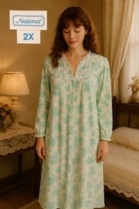 Camicia da notte National 2X verde floreale cotone manica lunga bordo occhiellato Cottagecore - Foto 1 di 6