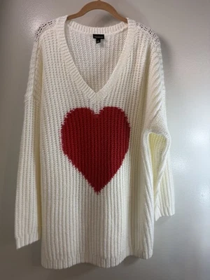 TORRID Womens Knit Slouchy Sweater 2XL Sleeve Cream Red Heart Chunky Knit  - Image 1 of 4