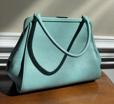 Cartera de cuero vintage azul con asa superior  Foto 1 de 4