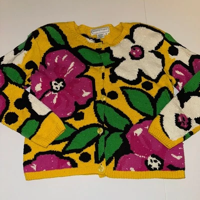 Cárdigan suéter vintage Adrienne Vittadini 100 % algodón L tejido floral cabaña Foto 1 de 4