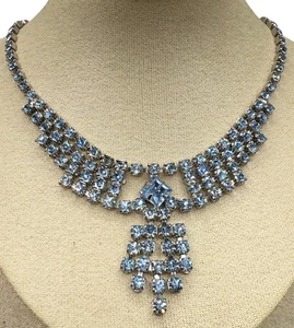 Vintage Light Blue Rhinestones Festoon Tassel Necklace - Picture 1 of 11