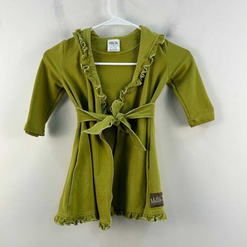 Matilda Jane Girls 4 Green Top Cardigan Long Sleeve Belt Ruffle Open Tie 13021 - Image 1 of 4