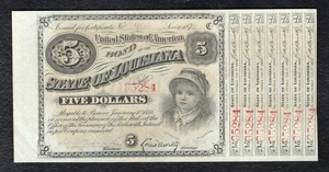 1870’s $5 FIVE DOLLARS STATE OF LOUISIANA “BABY BOND” CERTIFICATE OBSOLETE NOTE - Picture 1 of 2