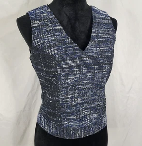 BANANA REPUBLIC Size 2 Blue Black & Silver Tweed V-neck Zip Back Career Blouse - Picture 1 of 11