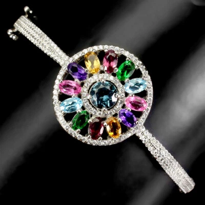 925 Sterling Silver Bangle Round London Topaz Natural Gemstone Jewelry Gift - Image 1 of 4