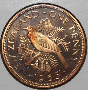 New Zealand Penny 1965 - Tui Bird (Prosthemadera novaeseelandia) ~ BU Proof like - Picture 1 of 2