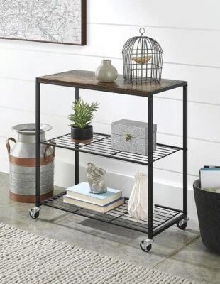 Estante de almacenamiento portátil rodante industrial moderno de grano de madera negro de 3 niveles Foto 1 de 4