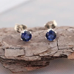 Blue Sapphire Stud 2.00 Ct Round Cut Lab Created Earring's 14K White Gold Plated - Picture 1 of 5