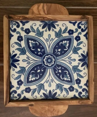 Small Blue Tile & Decorative Wooden Tray For Coffee/ Dessert or Decor W Handle - Image 1 of 4