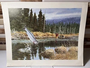 Vintage Tom Beecham Salmon Fishing Wildlife Art Print 11"x14" w/ 1 Inch Border - Picture 1 of 2