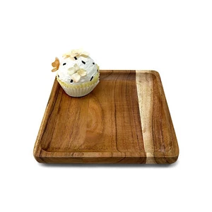 Square Natural Woodgrain Serving Tray Brown 8 x 8 Inch Acacia Wood Dinner Plate - Picture 1 of 2