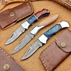 LOT OF 3 PCS! Handmade Damascus Pocket Knives – Folding Knives, W/Sheath IT-1408 - Picture 1 of 10
