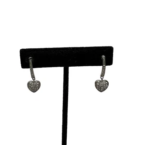 Heart Earrings Drop Pave Clear Crystals Silver Tone Post Back 1" - Picture 1 of 4