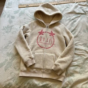 Roxy Girls Full Zip Hoodie 10/12 M beige Pink Logo fuzzy hood thick jacket - Picture 1 of 7