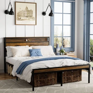 Queen Bed Frame Storage Shelf Headboard LED Charging Station Metal Frame Brown - Picture 1 of 10