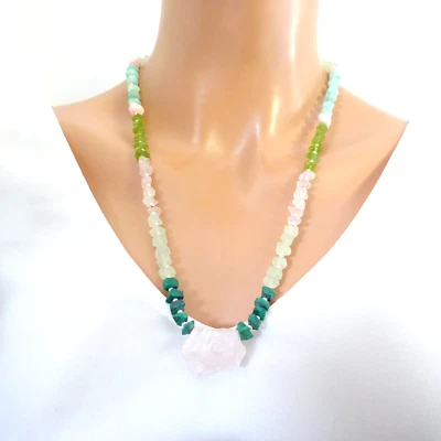 Rose Quartz Crystal Gemstone Necklace Heart Chakra Amazonite Malachite Prehnite — 第 1/4 张图片