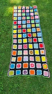 VINTAGE Granny Square afghan blanket throw crochet black multi color 80 x 32 - Picture 1 of 3