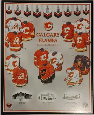 Calgary Flames NHL Wall Plaque Jerseys & Stadiums from 1972 - 2004 - 13" x 10.5" Cover