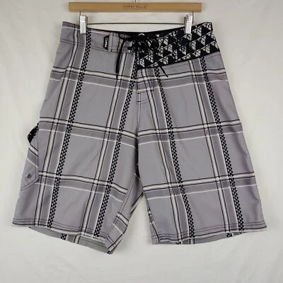 DaHui Board Shorts Mens Size 34 Gray/Black Plaid Drawstring Embroidered Logo - Image 1 of 4