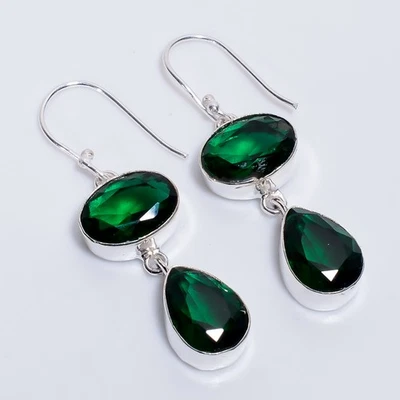Pendientes de plata de ley 925 hechos a mano con piedras preciosas de diopsido estilo étnico 2" N500 Foto 1 de 4