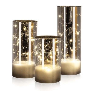 LED Deko Kerze Rauch Spiegel Glas silber "Kassiopeia" 3er Set Timer 15 20 25 cm - Bild 1 von 10