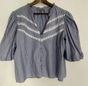 Oliver Bonas Blue Stripe Cotton Blouse UK18 Puff Sleeve Lace Trim - Picture 1 of 8
