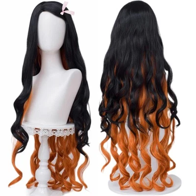 Peluca Cosplay SL Nezuko + Cinta Rosa para DS, Peluca Larga Negra Naranja Cabello Anime Foto 1 de 4