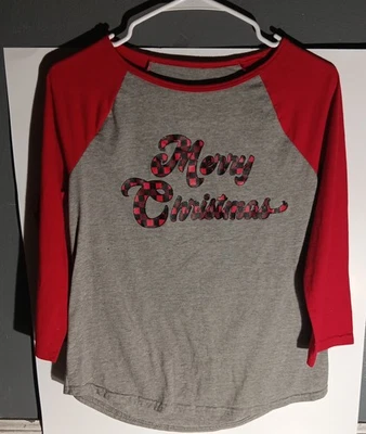 Women's Merry Christmas Buffalo Plaid Graphic Raglan T-Shirt Size Small - Image 1 of 2