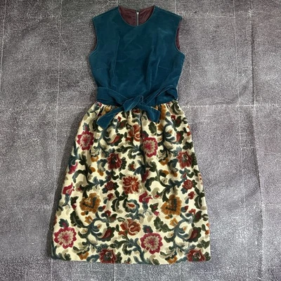 Women's Vintage 60s Velvet Elizabethan Crewel Embroidered Floral Sheath Dress S - Image 1 of 4