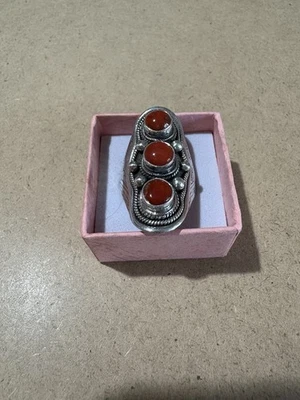 Anello Fascia Filigrana Argento 925 E 3 Cabochon Diaspro Rosso 16.1GR Regolabile - Immagine 1 di 3