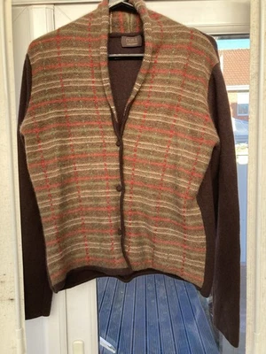 PURE Cashmere Cardigan Brown With Patterned Trim Elbows Pit 2 Pit 20 Ins Uk 12 - Image 1 of 4