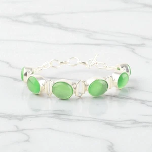 Green Cat's Eye Gemstone 925 Sterling Silver Jewelry Oval Link Bracelet For Gift - Picture 1 of 6