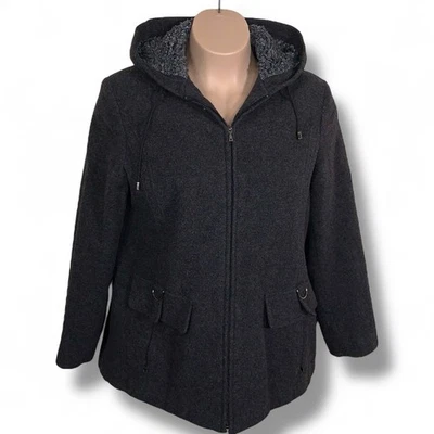 XL Vintage Covington Dark Grey Wool Coat Hooded Fix Fur Lined Classic Zip - Image 1 of 4