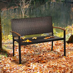 Patio Wicker Bench All Weather Rattan Chair Loveseat w/ Acacia Armrest - Picture 1 of 10