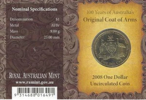 AUSTRALIA 2008  ORIGINAL COAT OF ARMS 100th ANNIVERSARY  $1 UNC COIN CARDED - Picture 1 of 2