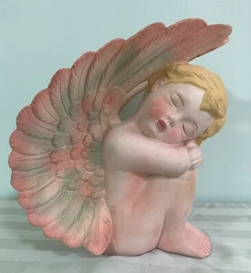 Cherub Angel Baby Figurine Ceramic Bisque Pastel Color Sitting Sleeping 10 inch - Picture 1 of 10