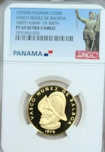 1975 PANAMA GOLD 100 BALBOAS G100B VASCO NUNEZ DE BALBOA NGC PF 69 ULTRA CAMEO - Picture 1 of 4