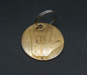 Vintage 1970's Round Brass Key Chain Ring Etched I LOVE YOU Hand Signal/ Emoji  - Picture 1 of 6