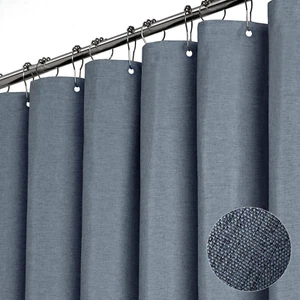 Blue Gray Shower Curtain - Linen Textured Weighted Fabric Shower Curtain Set wit - Picture 1 of 12