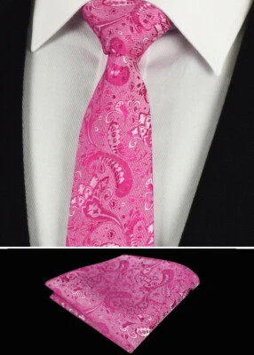 FASHION HABITAT Fuschia Pink Mens Tie Wedding Napkin Gift Set Silk Floral Pocket Square Hanky