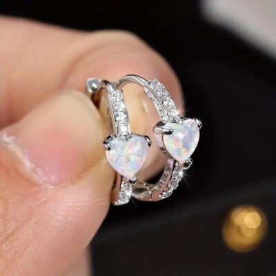 Women White Gold Plated CZ Simulated Opal Huggie Hoop Earring Stud - Image 1 of 4