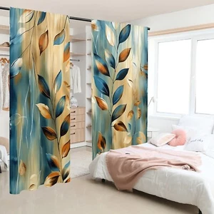 2pcs Elegant Watercolor Leaf Print Window Curtains for Bedroom Living Room - Picture 1 of 11