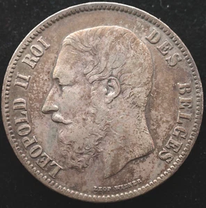 KAPPYSCOINS G7377 BELGIUM 1869 KING LEOPOLD II SILVER FIVE FRANC VF VERY FINE - Picture 1 of 2