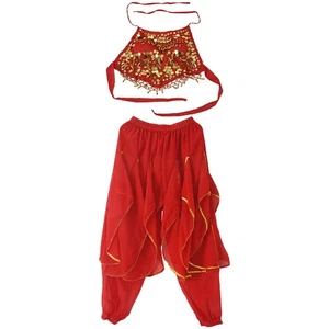 Disfraz de Danza del Vientre Pimientos Top Sujetador con Harén Ondulado Dorado Pantalones Falda Conjunto8080 - Imagen 1 de 9