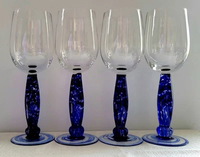 4 Denby Wine Glasses Hand Blown 9oz Cobalt  Blue Mottled Stems England 1980s - Image 1 of 4