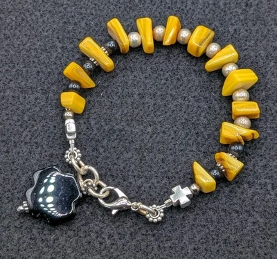 Pulsera artesanal con cuentas amarilla para mujer broche cruz encanto (17 cm) S/M muñeca Foto 1 de 4