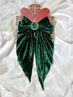 Clip de pelo de terciopelo verde con moño piedras multicolores, corona de Navidad vacaciones Foto 1 de 3