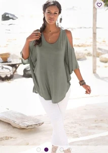 Lascana Nuevo con Etiquetas Suave Fluido Hombro Frío Verde Viscosa Top Manga Ala de Murciélago Talla M/L - Imagen 1 de 8