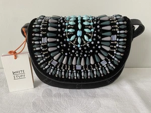 White stuff Leather Cross Body Bag - Black And Beaded New With Tags - Picture 1 of 7